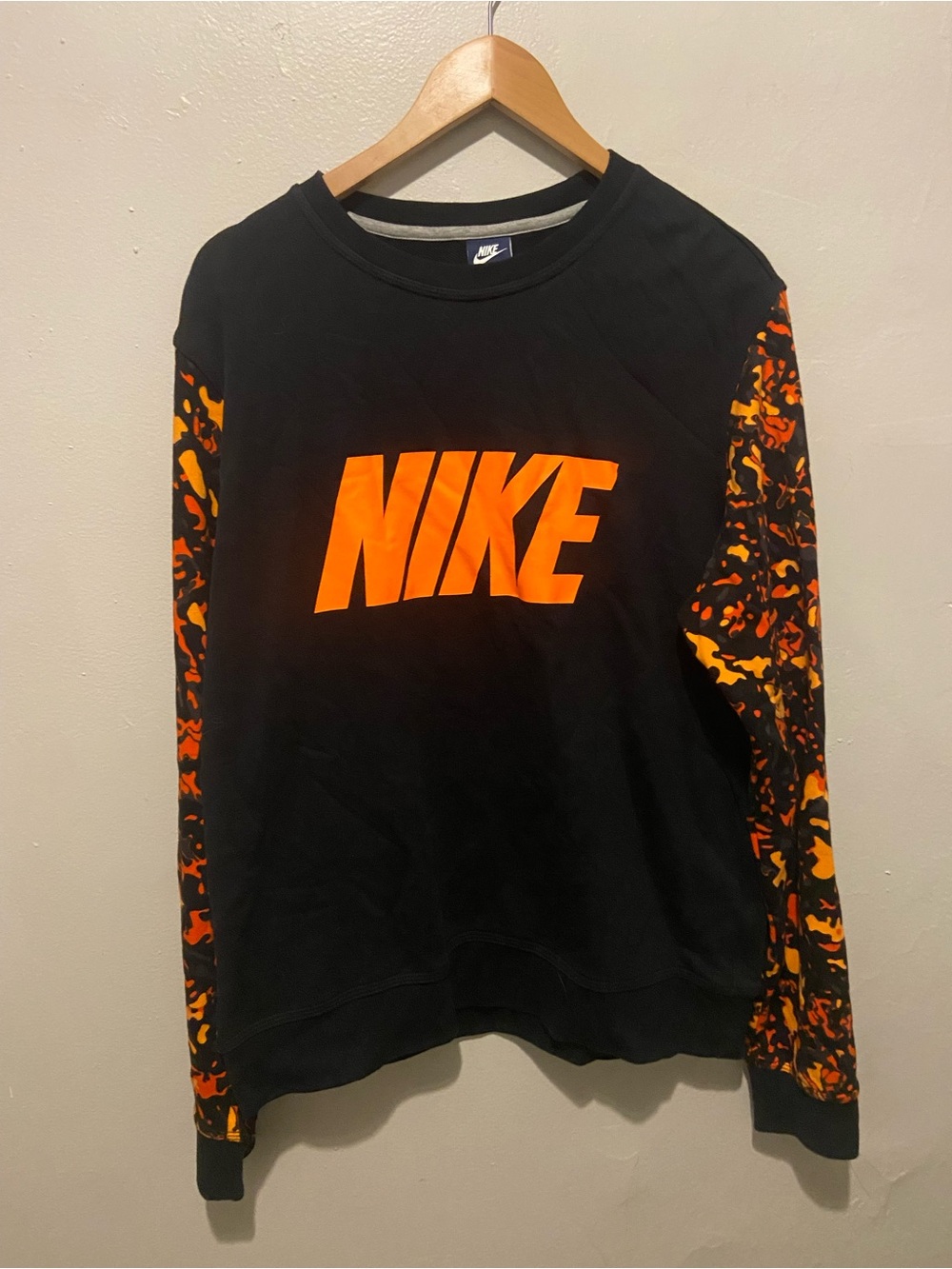 Nike Black Crewneck Sweater with Bright Orange Logo & Orange Camo Sleeves